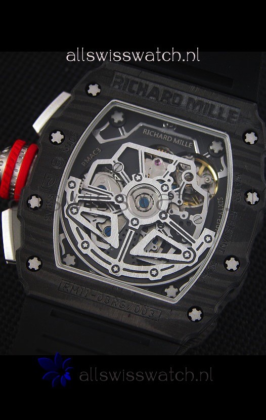 IMG_9081 Richard Mille RM011-03 One Piece Black Forged Carbon Case in Black Strap Replica 8