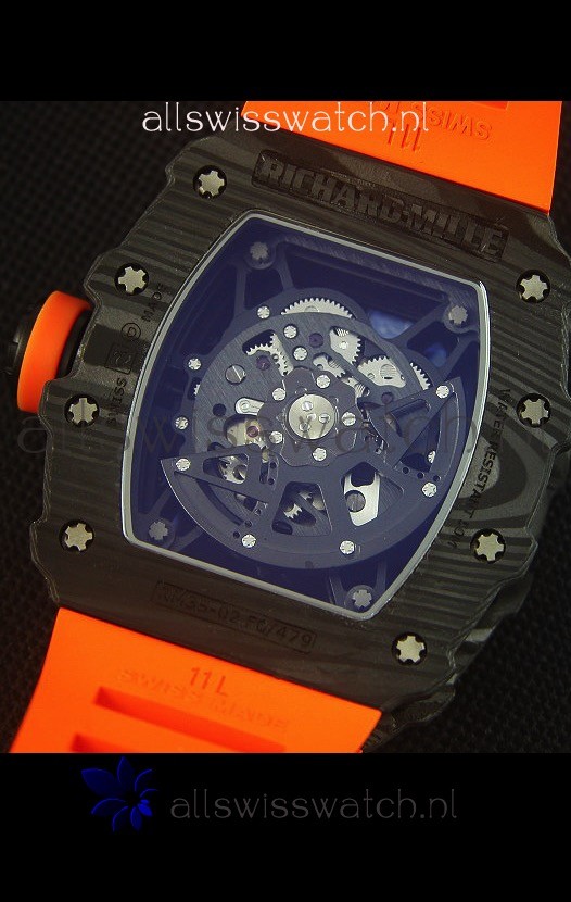 IMG_9081 Richard Mille RM035-2 Rafael Nadal Forged Carbon Case with Red Rubber Strap Replica 8