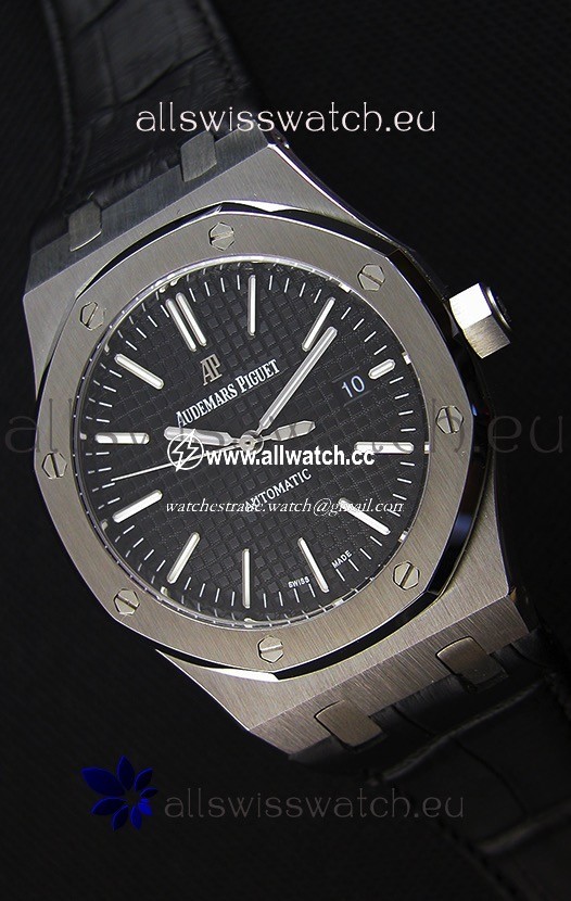 Audemars Piguet Royal Oak 41MM Black Dial Leather Strap - 1:1 Mirror Ultimate Edition