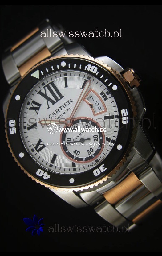 Calibre De Cartier 42MM Black Dial Two Tone Case White Dial - 1:1 Mirror