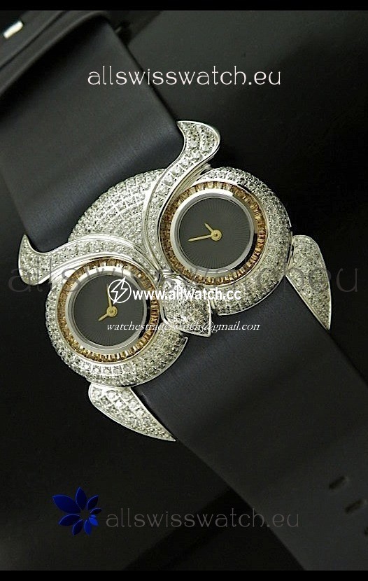 Chopard Animal World Ladies Owl Black Full Diamond in Black Double Eyes Dial