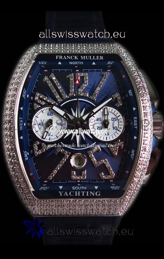 Franck Muller Vanguard Chronograph 904L Steel Blue Dial with Diamonds