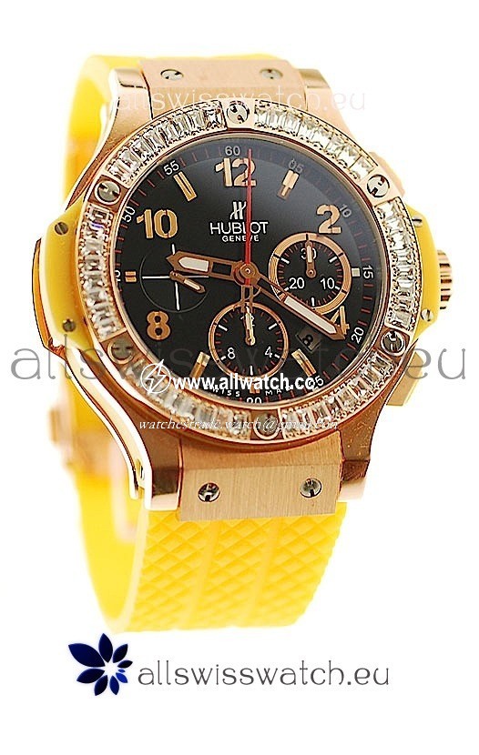 Hublot Big Bang Swis Yellow Strap Black Dial Pink Gold Case