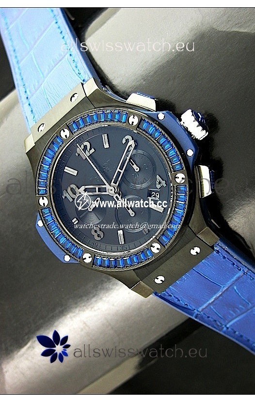 Hublot Big Bang All Black Edition in Purple Strap and Baguette Diamonds Bezel