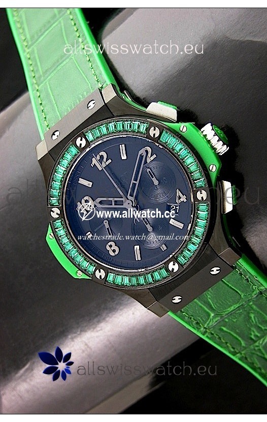 Hublot Big Bang All Black Edition in Green Strap and Baguette Diamonds Bezel