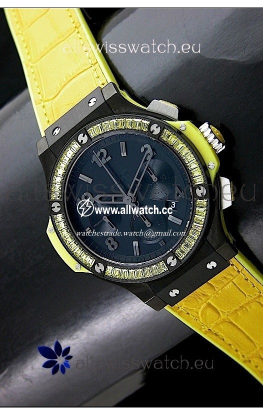 Hublot Big Bang All Black Edition in Lemon Strap and Baguette Diamonds Bezel