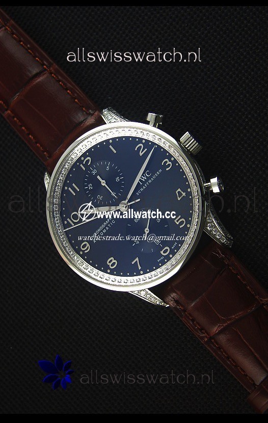 IWC Portuguese Chronograph Black Dial Brown Strap with Diamonds 1:1 Mirror