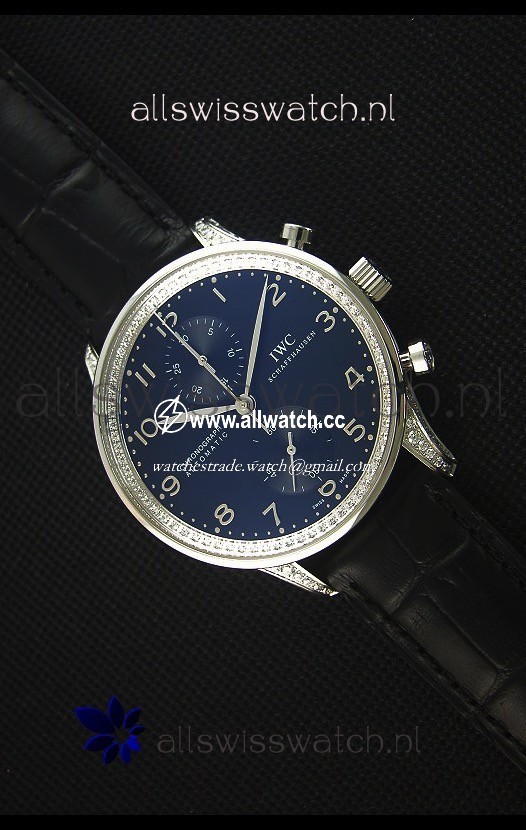 IWC Portuguese Chronograph Black Dial/Strap with Diamonds 1:1 Mirror