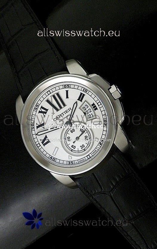 Cartier Calibre de Steel in Black Leather Strap