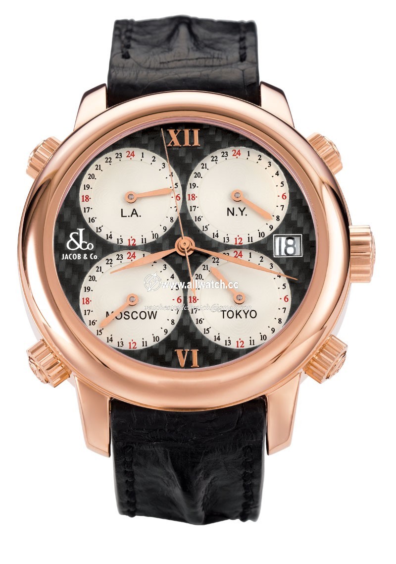 Jacob Co. h24CFrg Five Time Zone Mens Automatic 18k Rose Gold