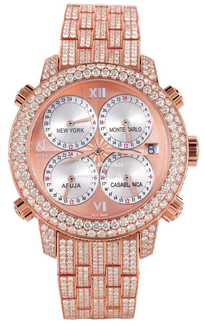 Jacob Co. h24rrgDC Five Time Zone Mens Automatic 18k Rose Gold Pave Diamond