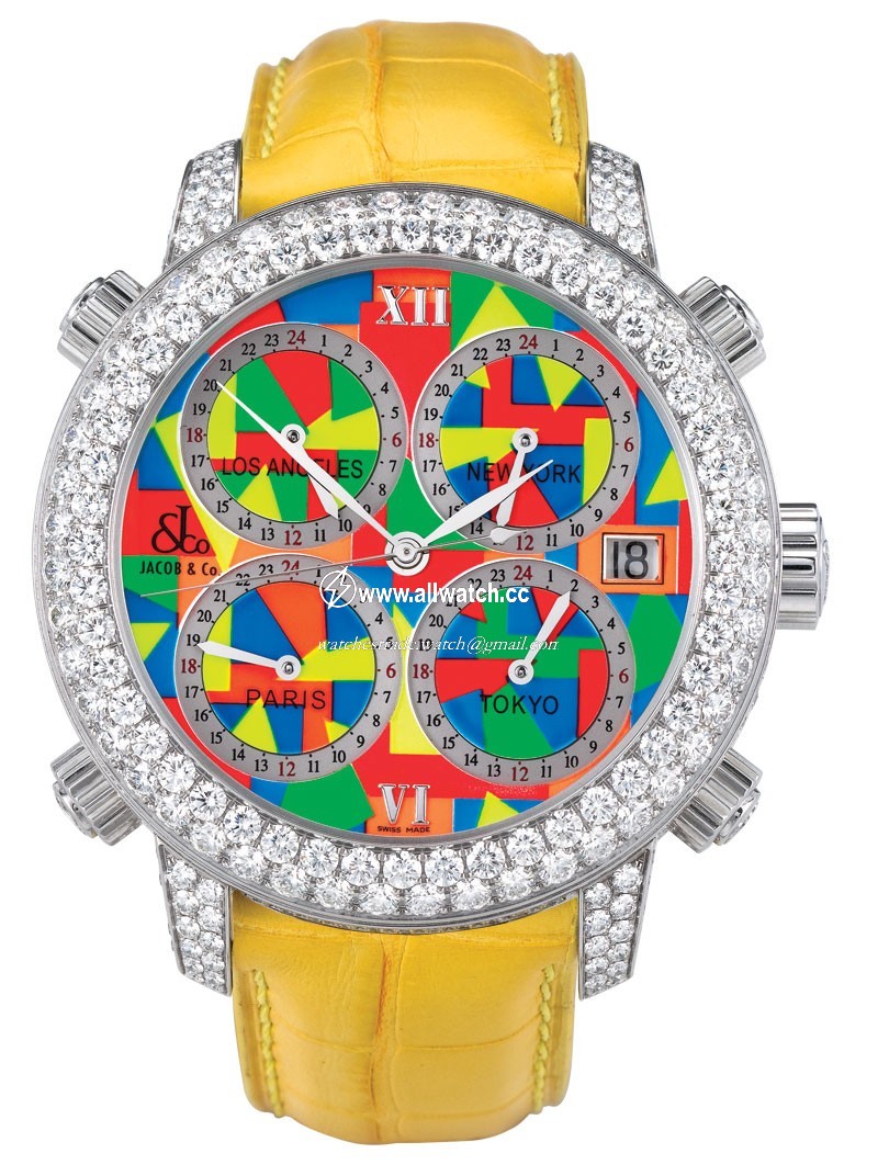 Jacob Co. h24T1SSDC Five Time Zone Mens Automatic Stainless Steel Pave Diamond