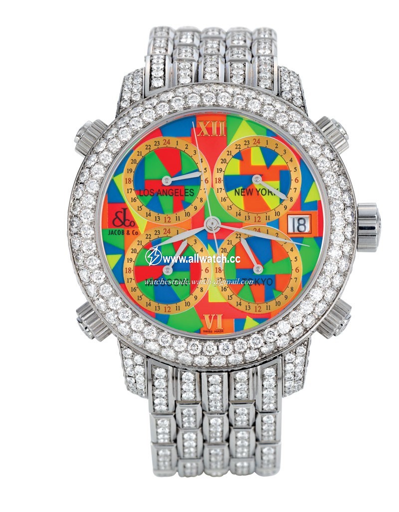 Jacob Co. h24T2SSDC Five Time Zone Mens Automatic Stainless Steel Pave Diamond