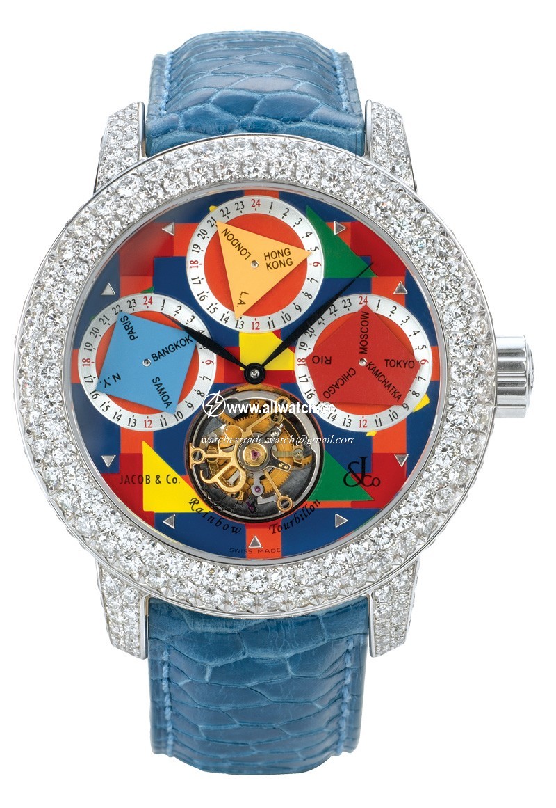 Jacob Co. r1WgDC Rainbow Tourbillon Mens Hand Wind 18k White Gold Pave Diamond