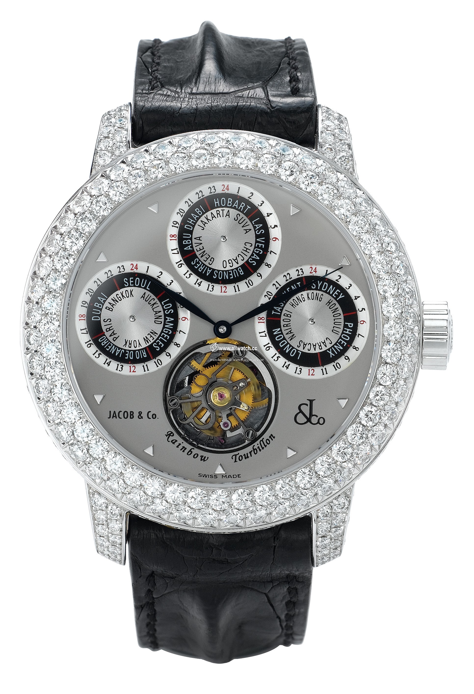 Jacob Co. r2WgDC Rainbow Tourbillon Mens Hand Wind 18k White Gold Pave Diamond
