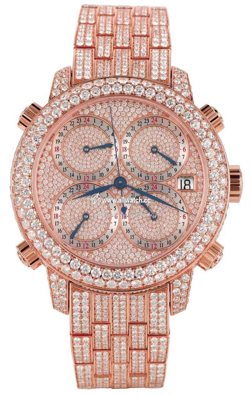 Jacob Co. h24rgDD Five Time Zone Mens Automatic 18k Rose Gold Pave Diamond