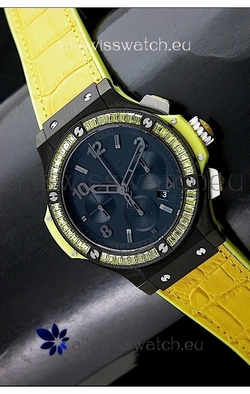 Hublot Big Bang All Black Edition in Lemon Strap and Baguette Diamonds Bezel