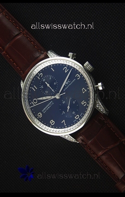 IWC Portuguese Chronograph Black Dial Brown Strap with Diamonds 1:1 Mirror
