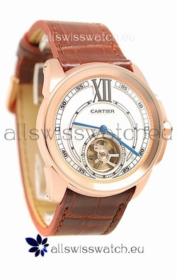 Calibre de Cartier Flying Tourbillon Rose Gold in Brown Strap